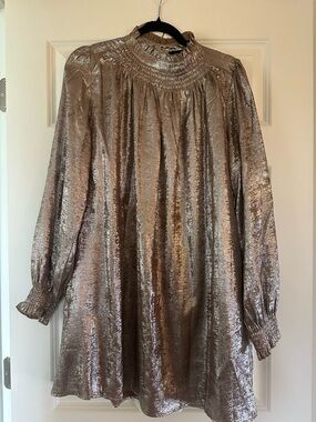 Holiday High-Neck Long Sleeve Tunic Dress - Shimmery Taupe